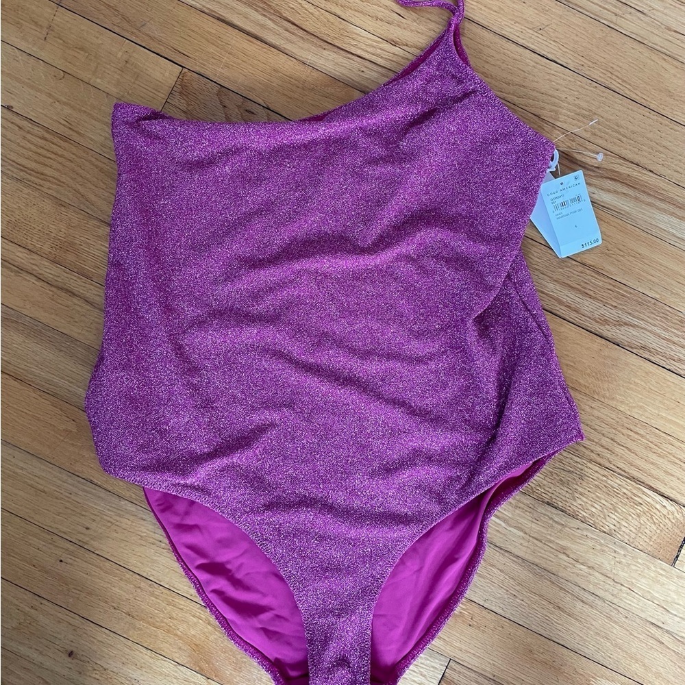 Good American 90s Hot One Shoulder Hawaiian Pink Sparkle One Piece Bathing Suit